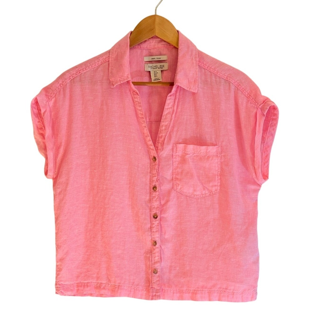 Rachel Zoe Women's Small Pink 100% Linen Top Short Sleeve Button Down Resort